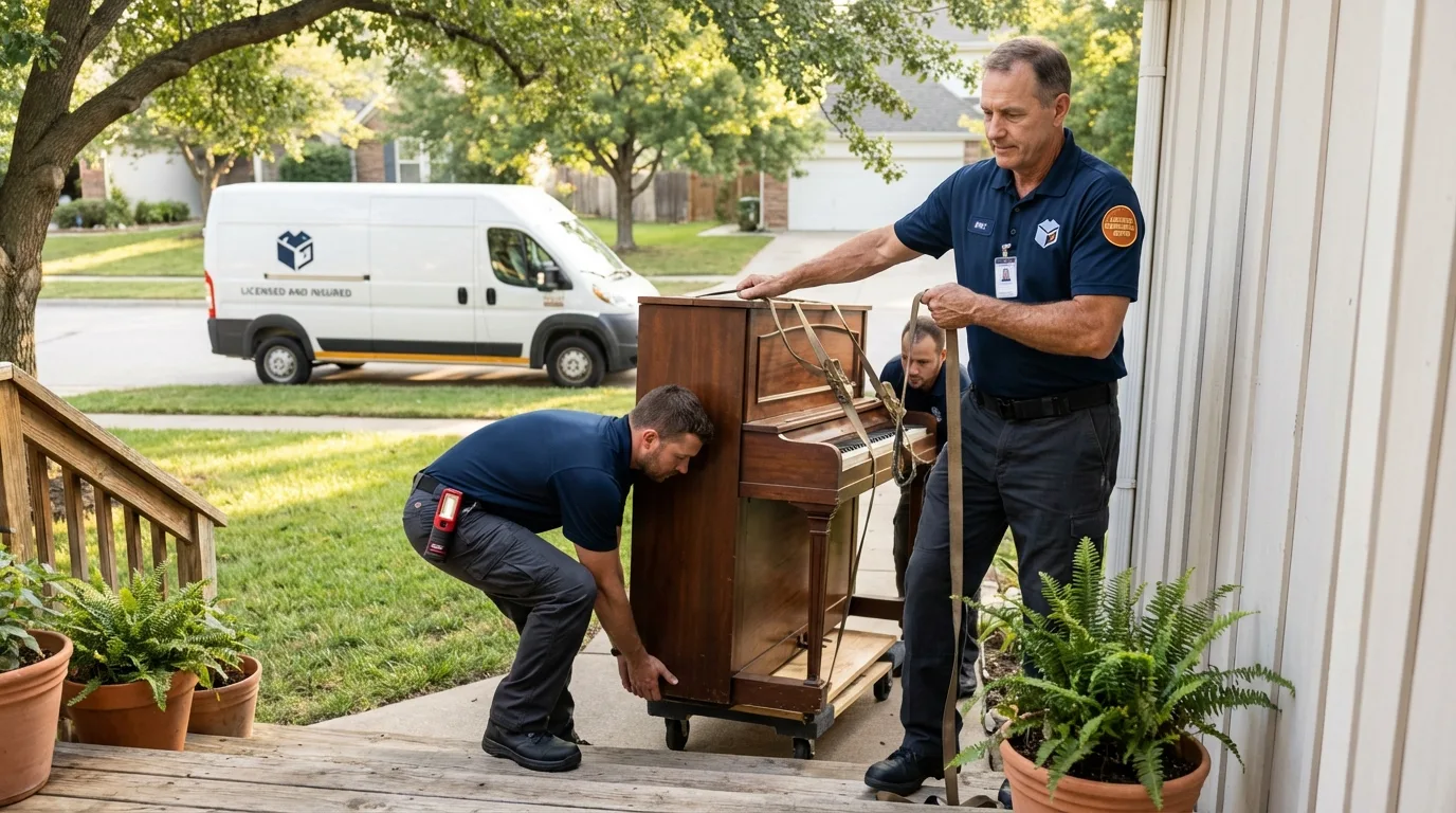 Licensed piano movers securing grand piano in Bonne Terre, MO