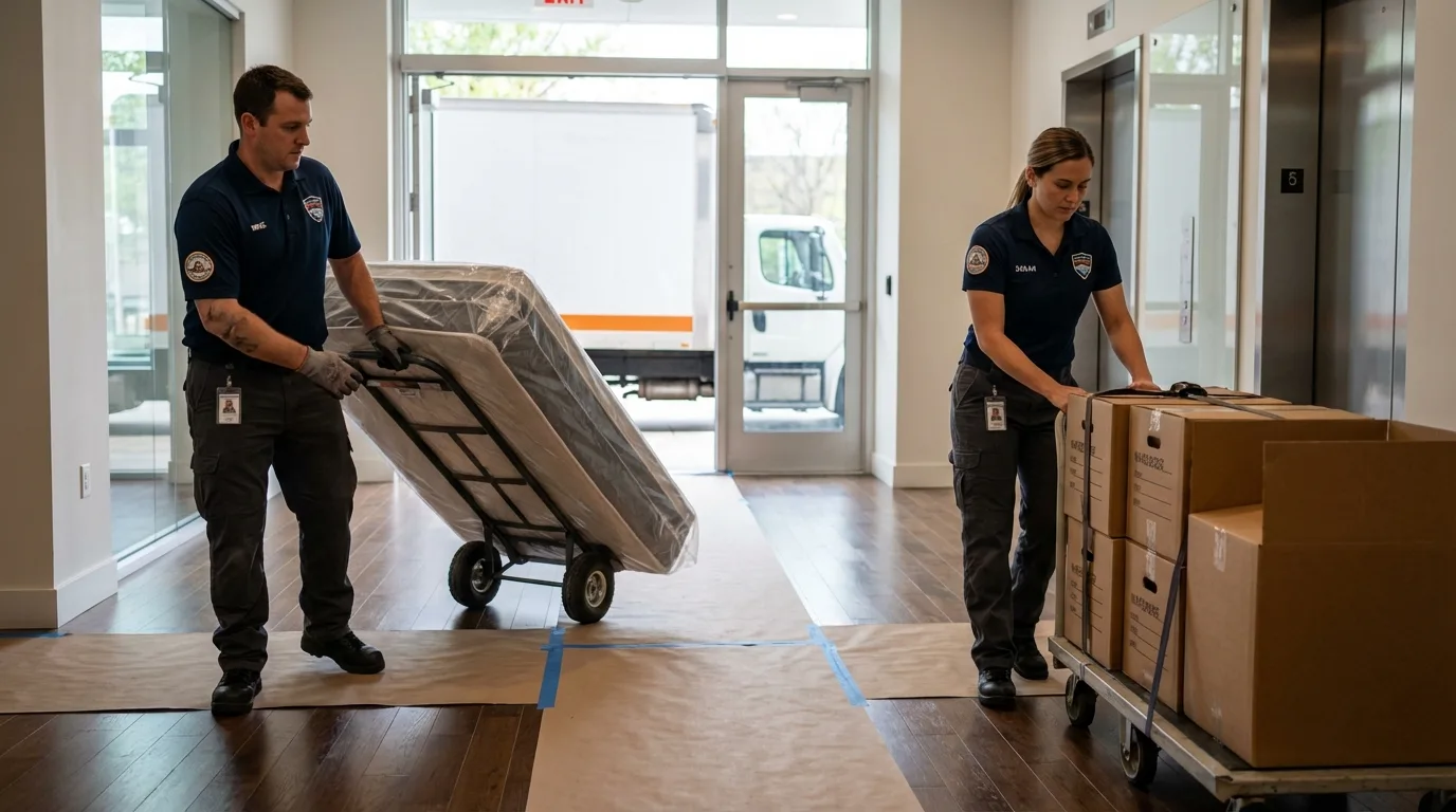 Professional apartment movers loading elevator in Bonne Terre, MO
